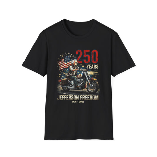 250 Years Jefferson Freedom Motorcycle T-Shirt – Patriotic American Flag Biker Tee (1776–2026)