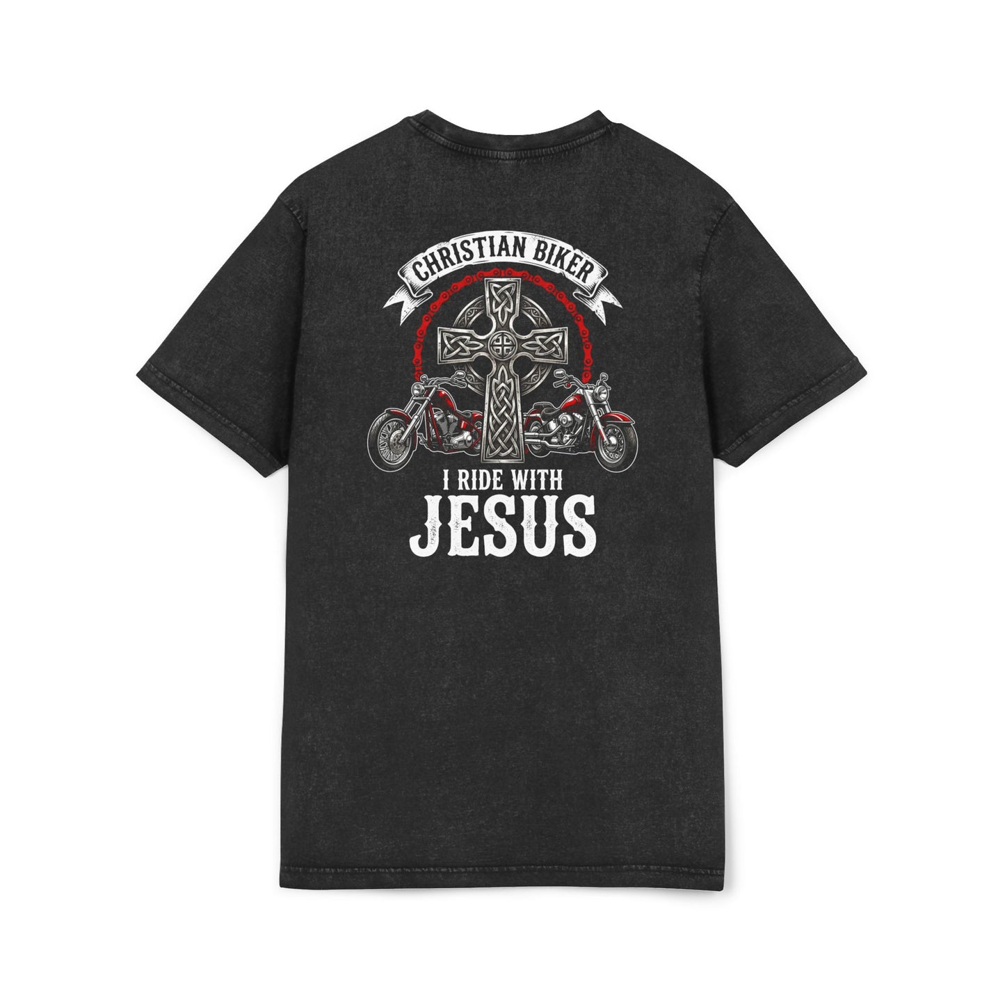 Christian Biker Acid Wash Tee — "I Ride With Jesus" Cross Motorcycle T-Shirt