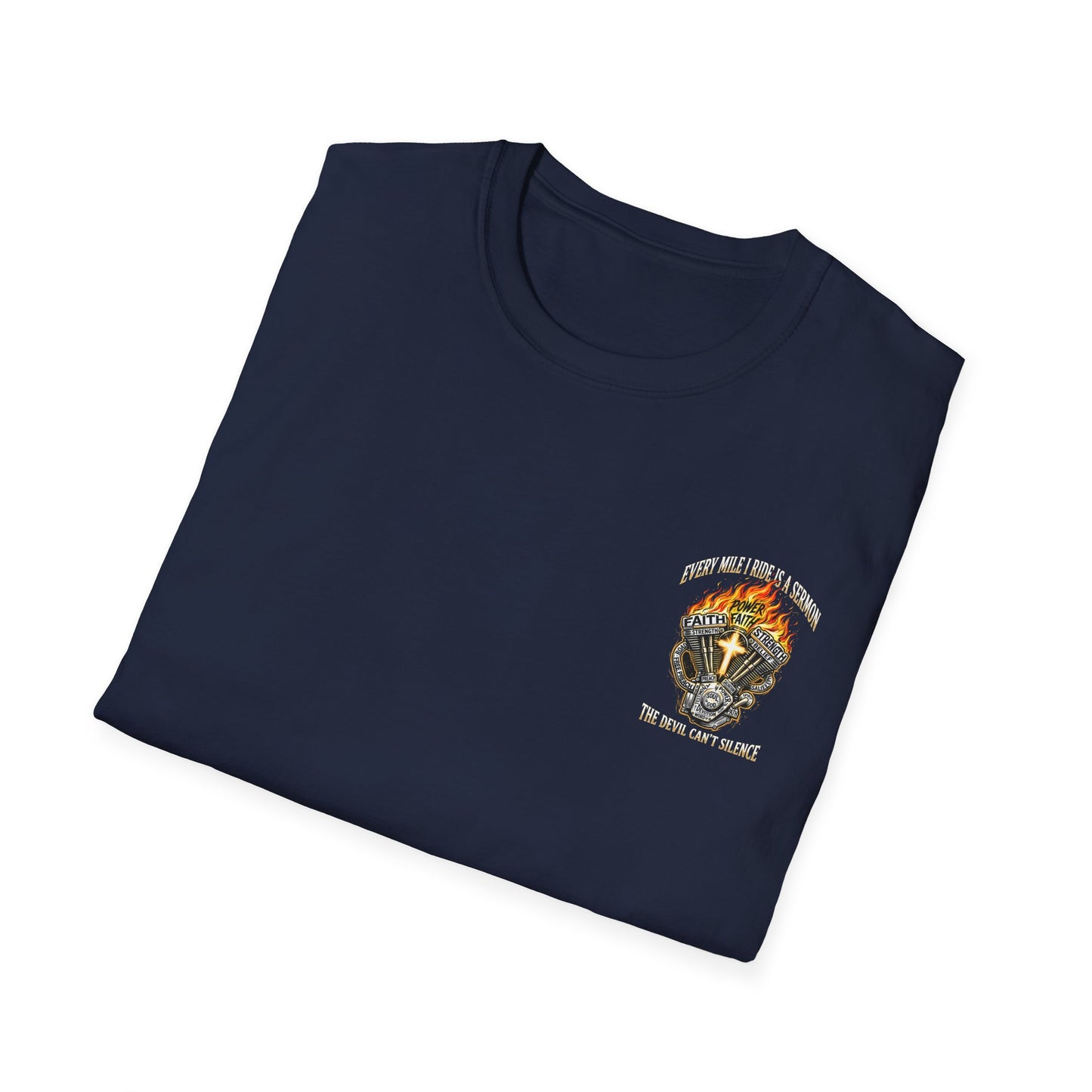 Motorcycle T-Shirt — "Every Mile I Ride Is a Sermon" Faith & Fire Biker Tee