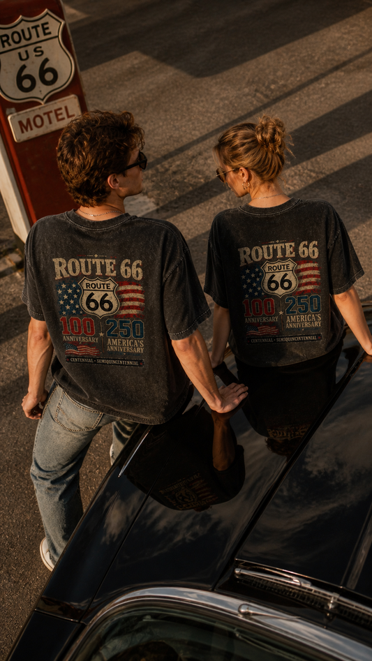 Route 66 Acid Wash Tee — Retro Americana 100th Anniversary Graphic T-Shirt
