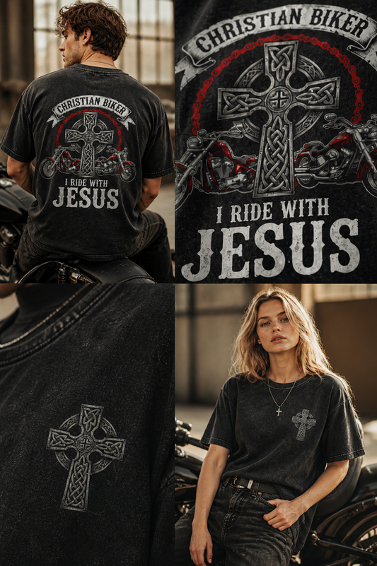 Christian Biker Acid Wash Tee — "I Ride With Jesus" Cross Motorcycle T-Shirt