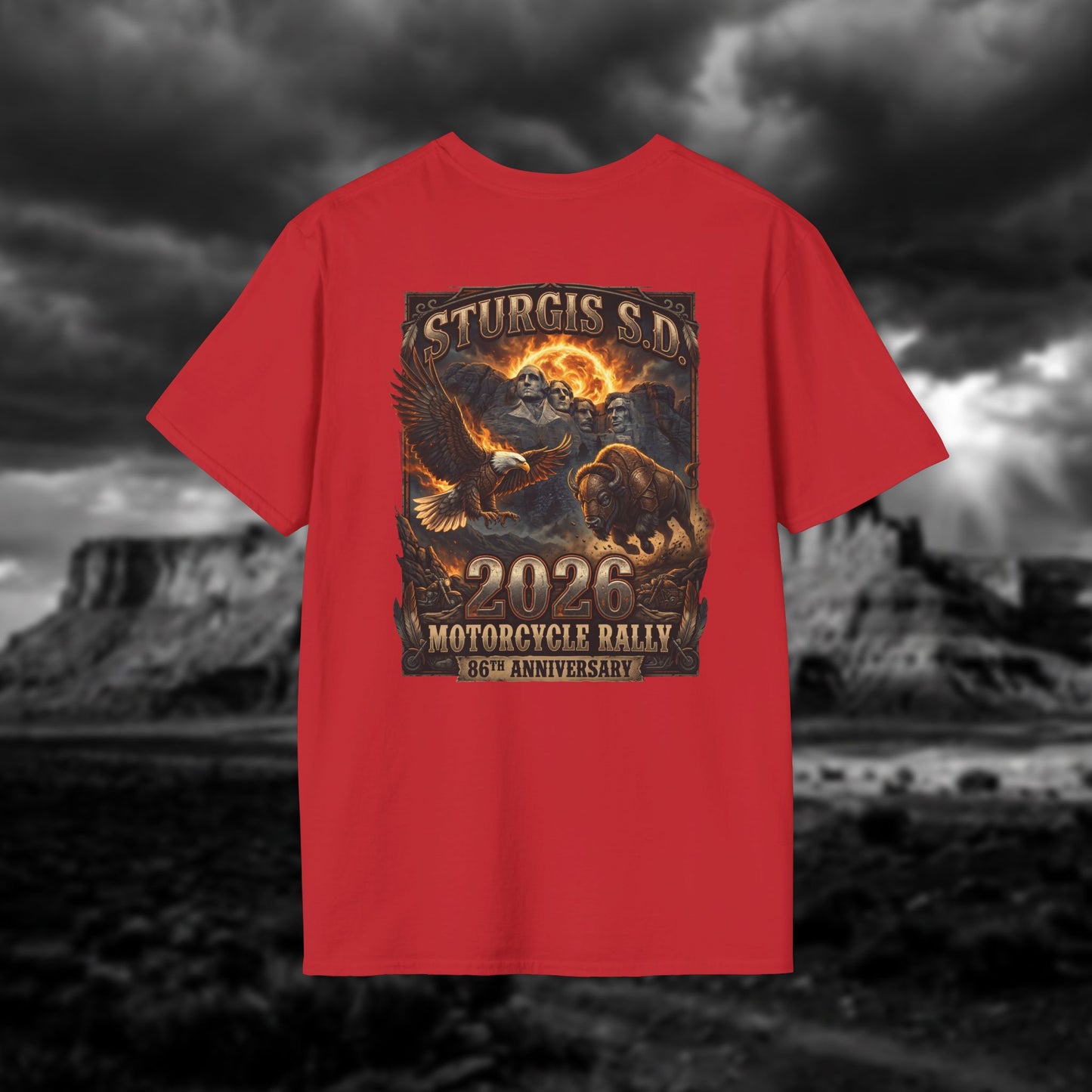 86th Anniversary Sturgis S.D. 2026 Motorcycle Rally T-Shirt - Mount Rushmore Heritage Edition