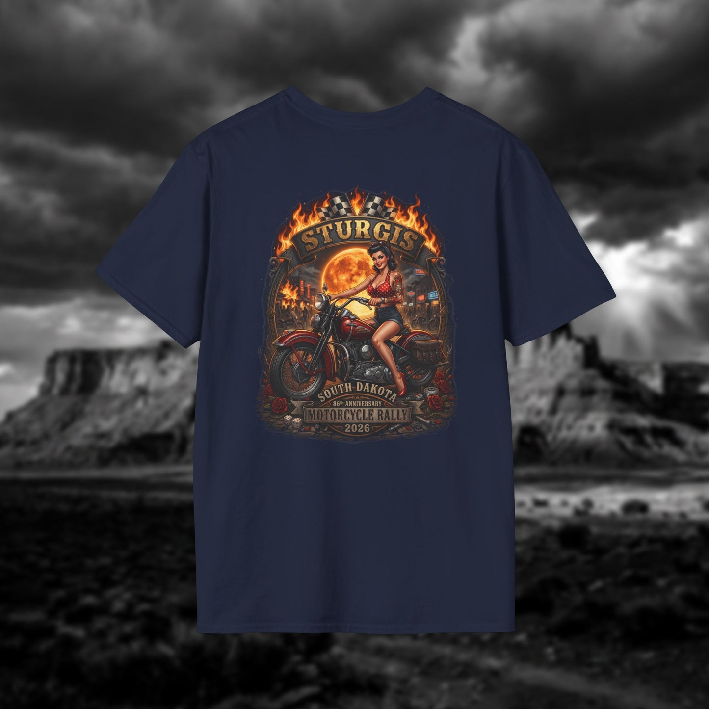86th Anniversary Sturgis 2026 T-Shirt - Pin-up Biker & Moonshine Edition