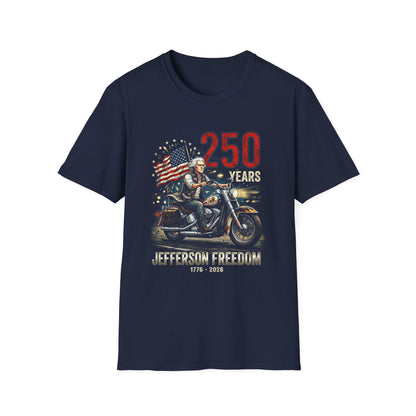 250 Years Jefferson Freedom Motorcycle T-Shirt – Patriotic American Flag Biker Tee (1776–2026)