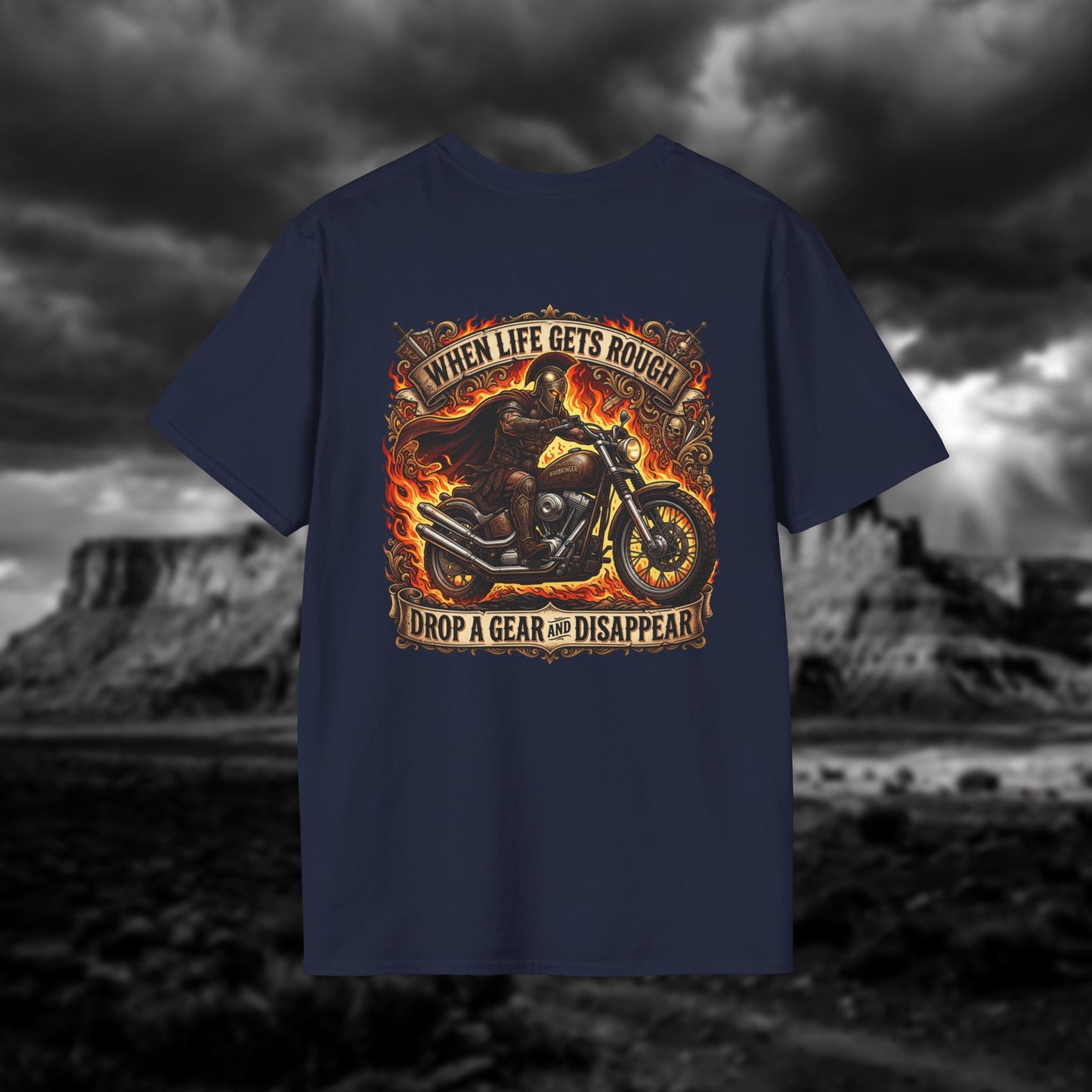 Ares: The God of War – Rule the Asphalt - "When Life Gets Rough Drop a Gear & Disappear" Biker Tee