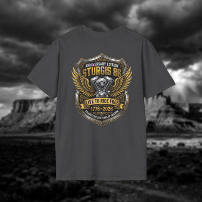 Sturgis 86 Anniversary Motorcycle T-Shirt — "Live to Ride Free"