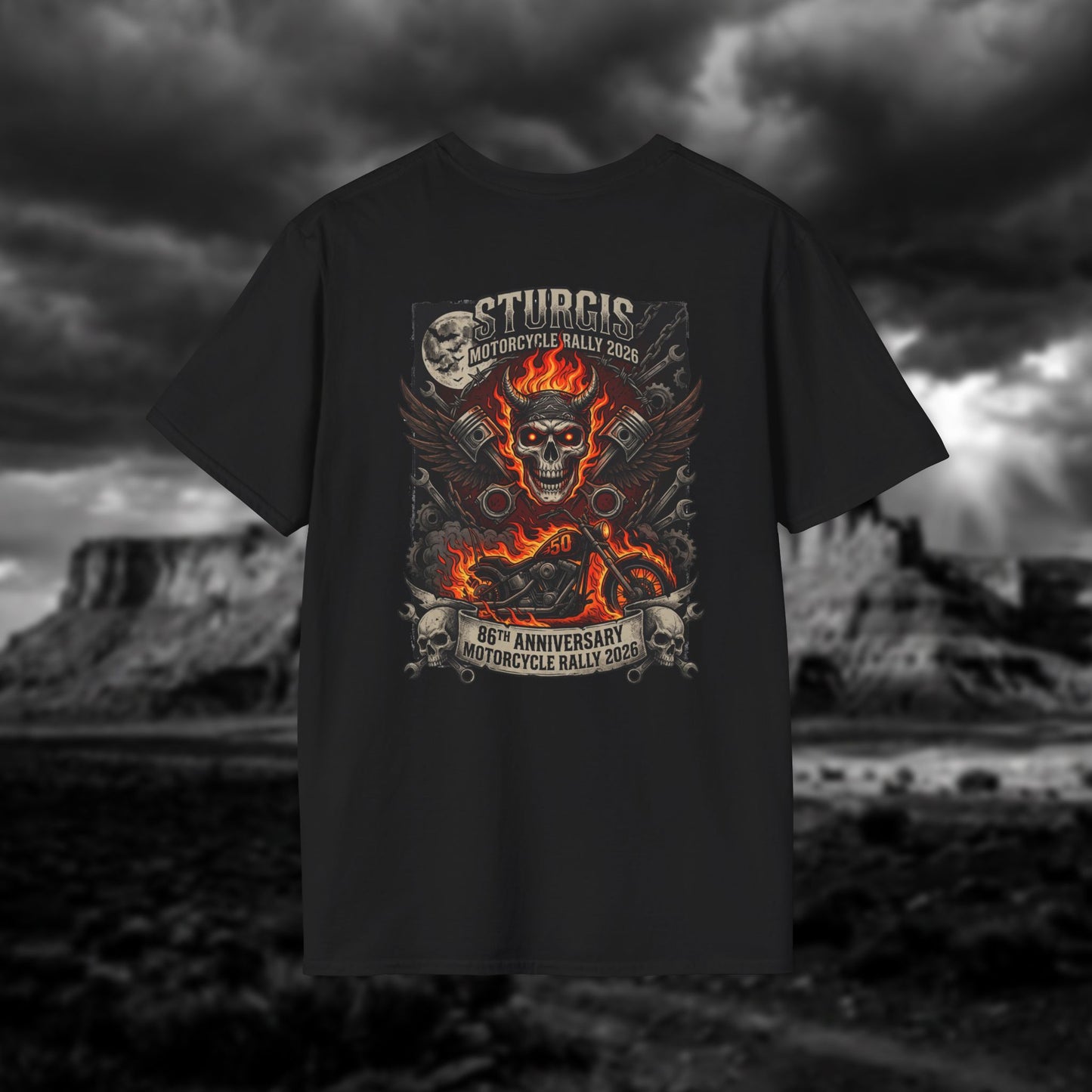 Sturgis 2026 86th Anniversary Special Edition T-Shirt - Hell on Wheels Skull & Flames