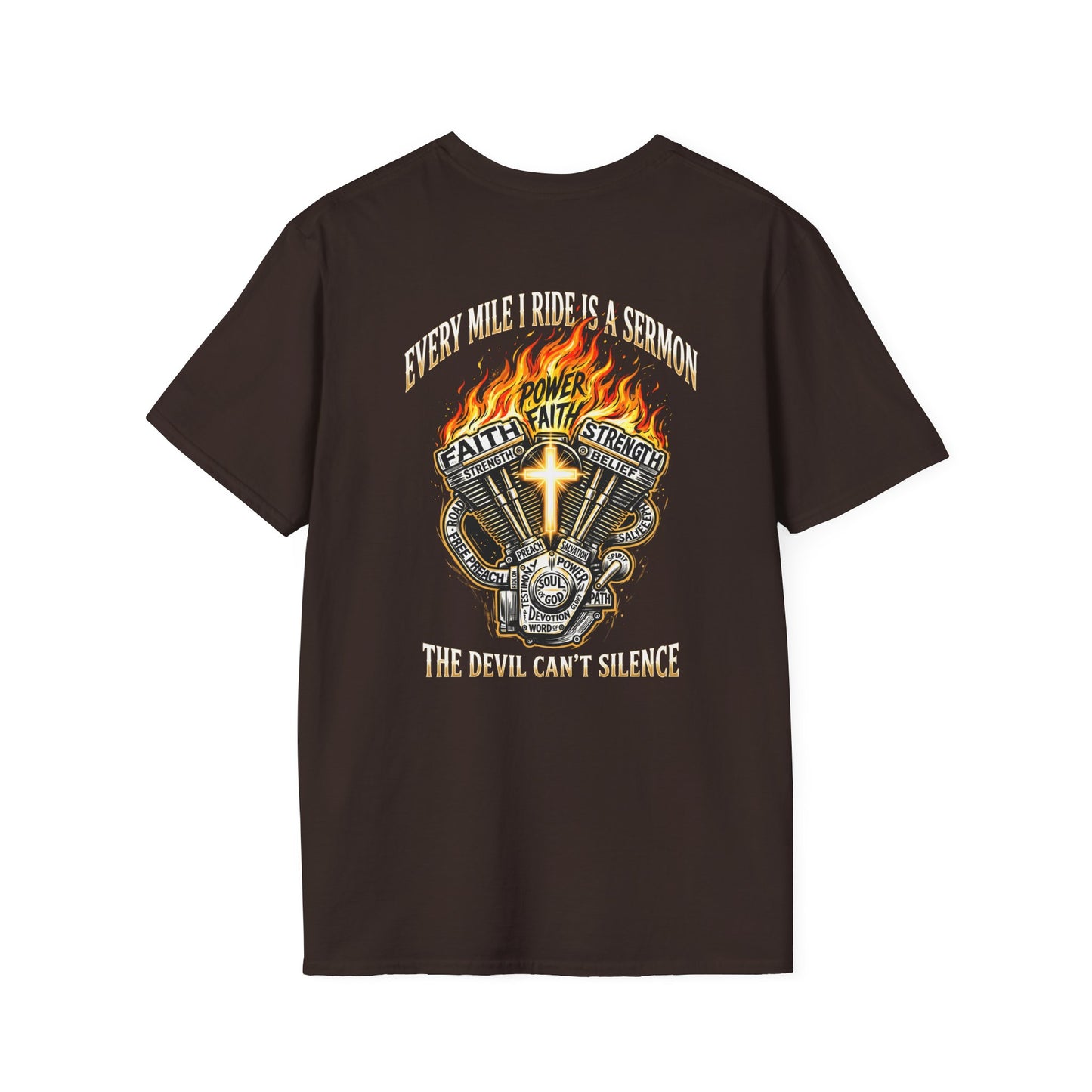 Motorcycle T-Shirt — "Every Mile I Ride Is a Sermon" Faith & Fire Biker Tee