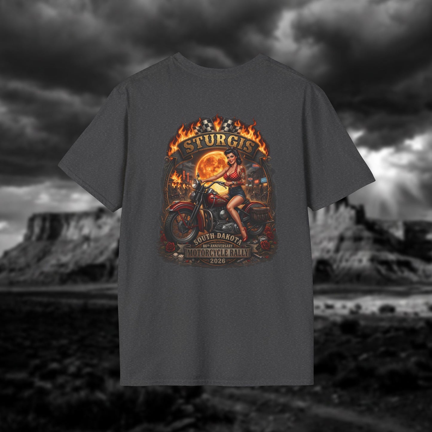 86th Anniversary Sturgis 2026 T-Shirt - Pin-up Biker & Moonshine Edition