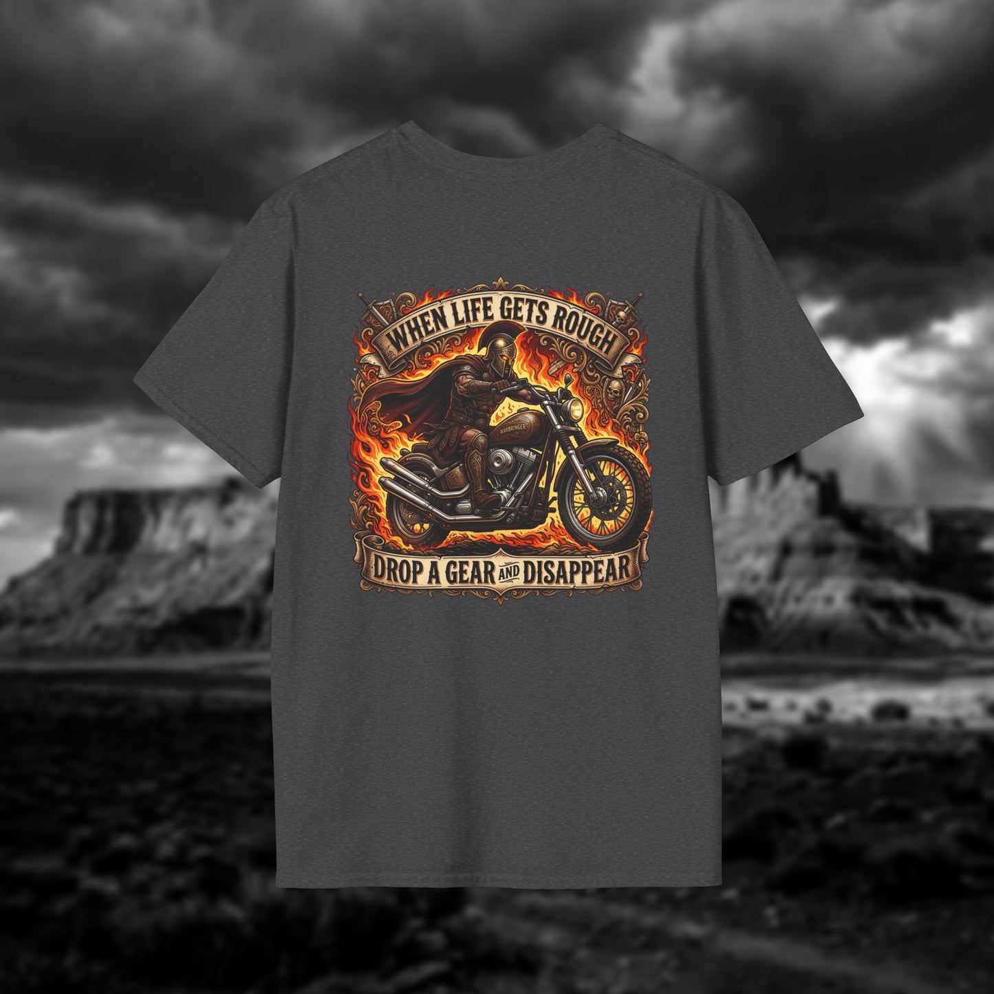 Ares: The God of War – Rule the Asphalt - "When Life Gets Rough Drop a Gear & Disappear" Biker Tee
