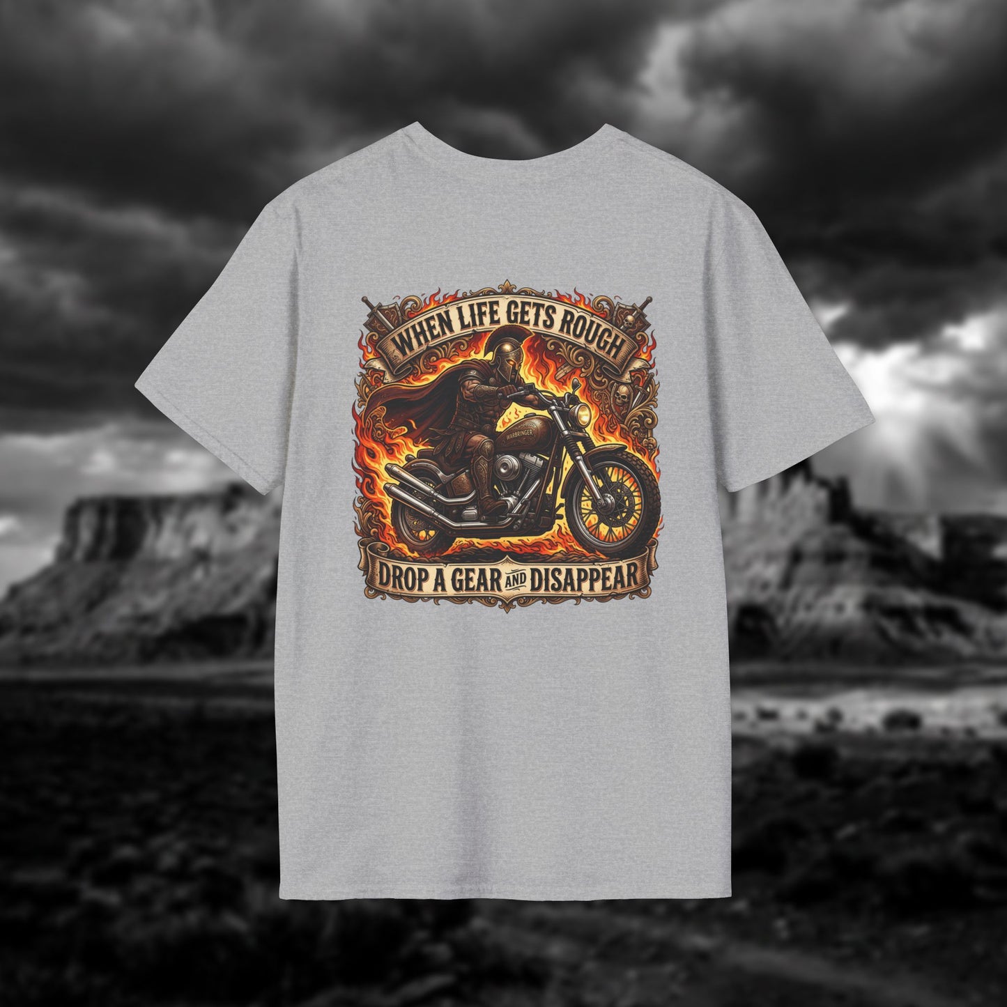 Ares: The God of War – Rule the Asphalt - "When Life Gets Rough Drop a Gear & Disappear" Biker Tee