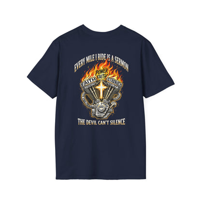 Motorcycle T-Shirt — "Every Mile I Ride Is a Sermon" Faith & Fire Biker Tee