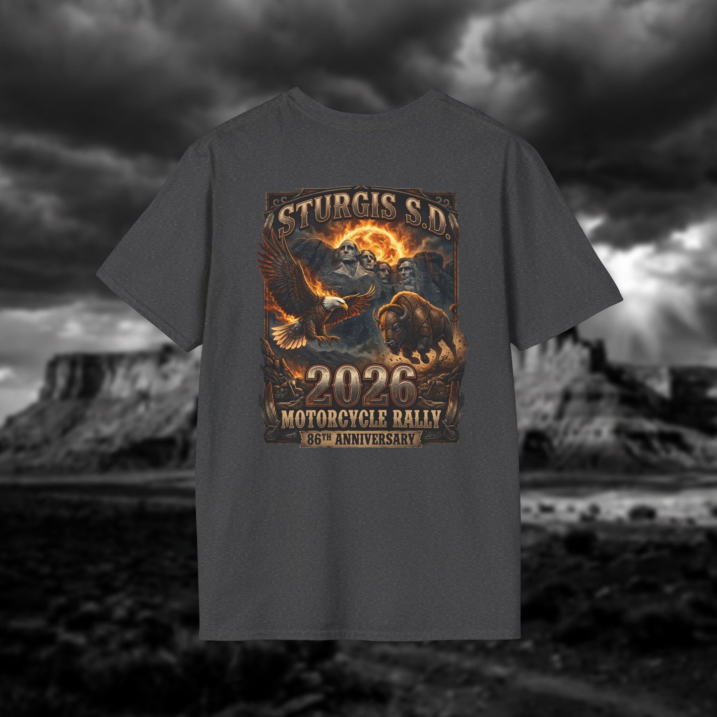 86th Anniversary Sturgis S.D. 2026 Motorcycle Rally T-Shirt - Mount Rushmore Heritage Edition
