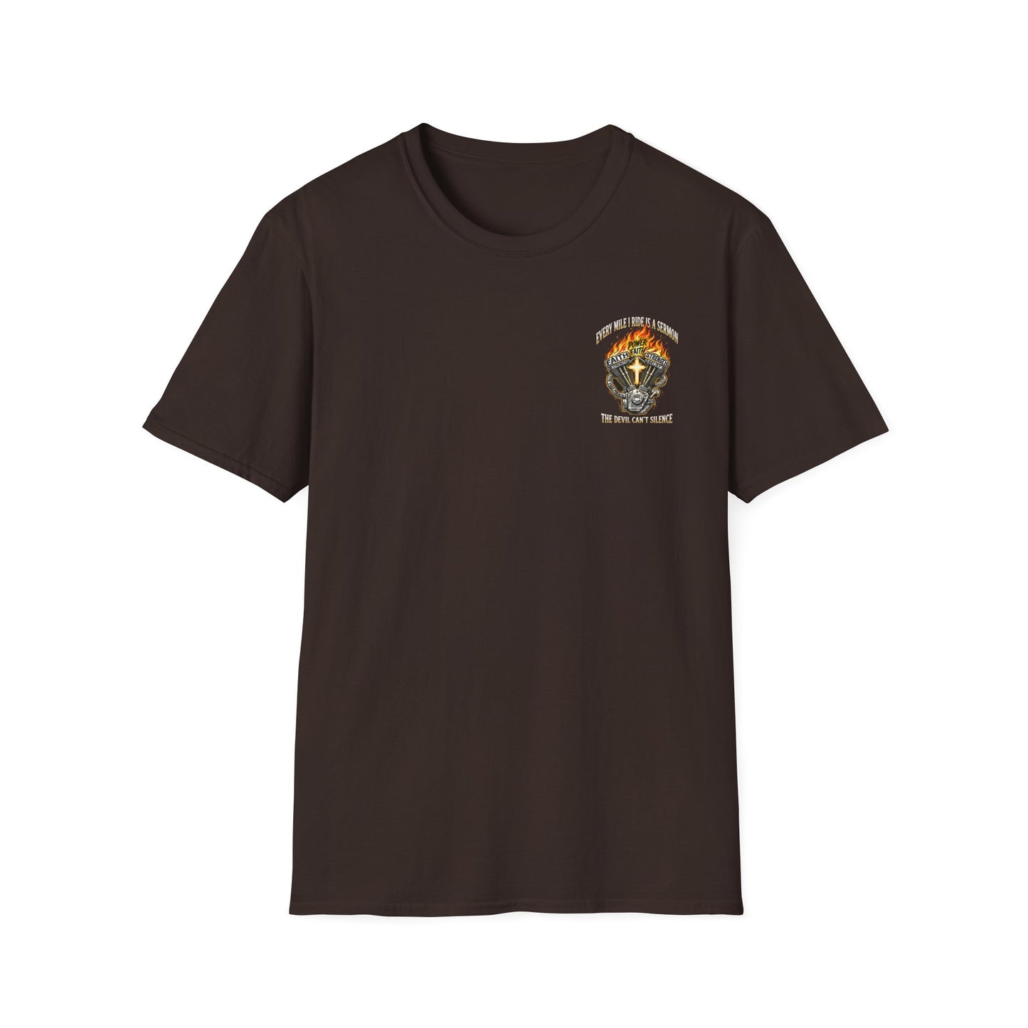 Motorcycle T-Shirt — "Every Mile I Ride Is a Sermon" Faith & Fire Biker Tee