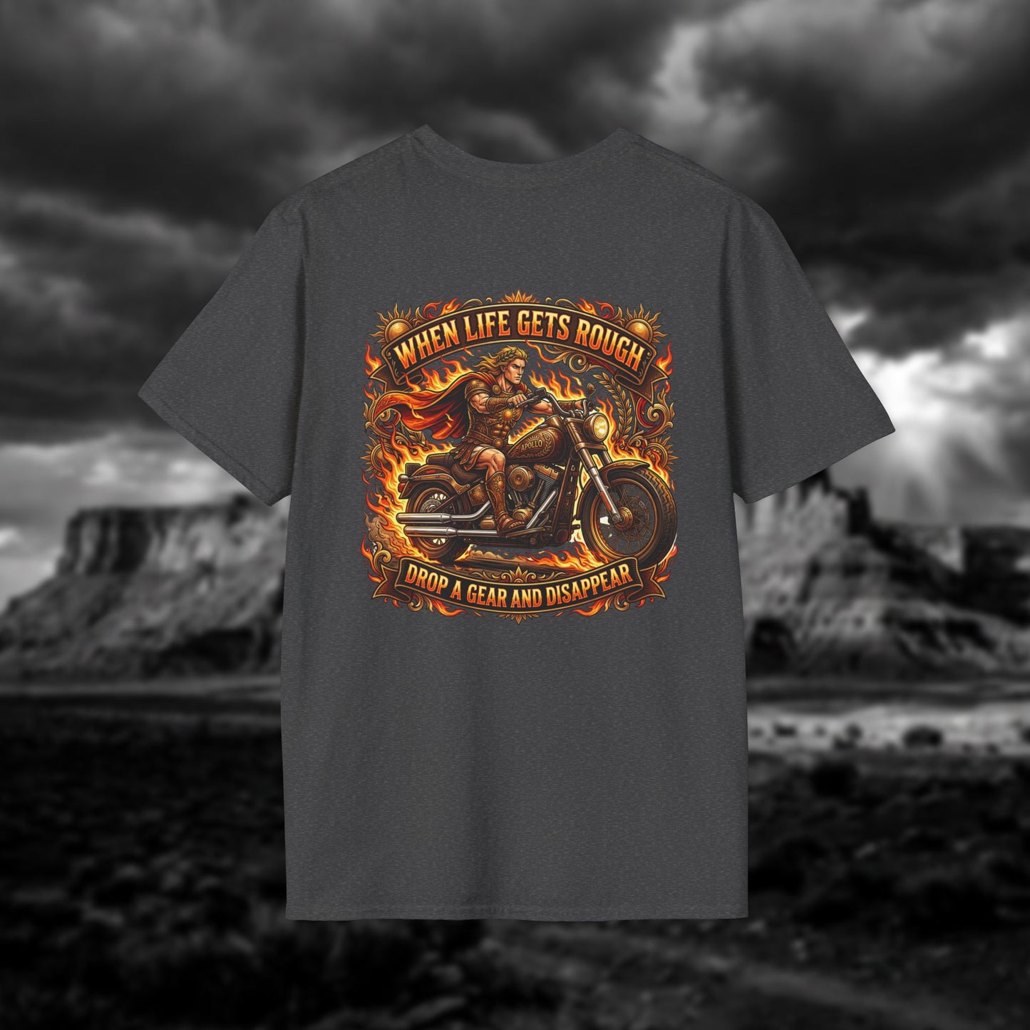 Apollo’s Chariot — "When Life Gets Rough, Drop a Gear and Disappear" Vintage Motorcycle Tee