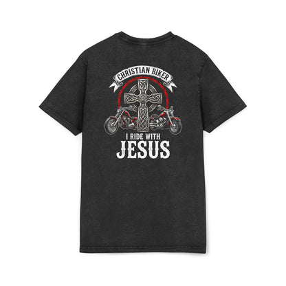 Christian Biker Acid Wash Tee — "I Ride With Jesus" Cross Motorcycle T-Shirt