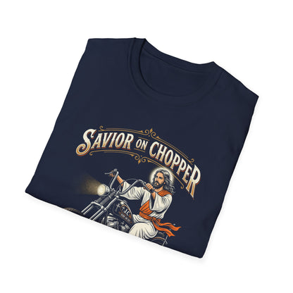 Savior on Chopper T-Shirt — 'Rolling Through Redemption' Motorcycle Jesus Tee