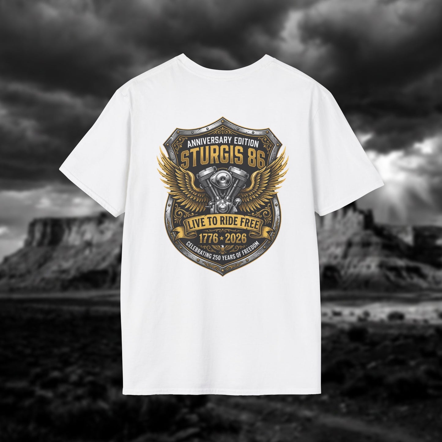 Sturgis 86 Anniversary Motorcycle T-Shirt — "Live to Ride Free"