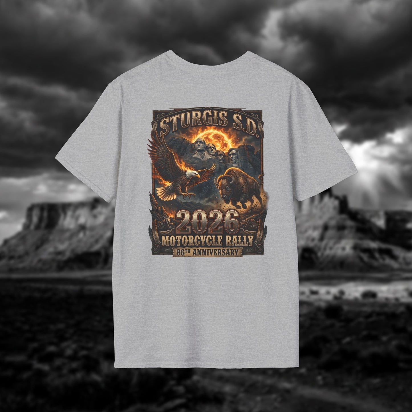 86th Anniversary Sturgis S.D. 2026 Motorcycle Rally T-Shirt - Mount Rushmore Heritage Edition
