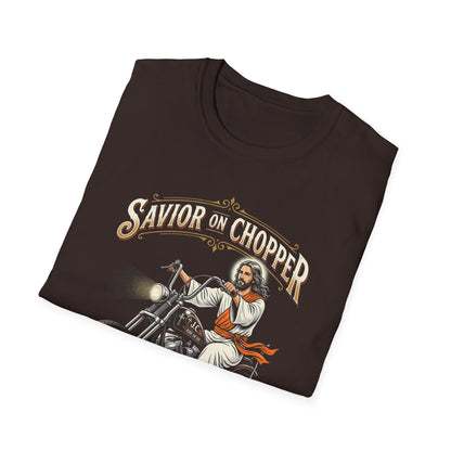 Savior on Chopper T-Shirt — 'Rolling Through Redemption' Motorcycle Jesus Tee