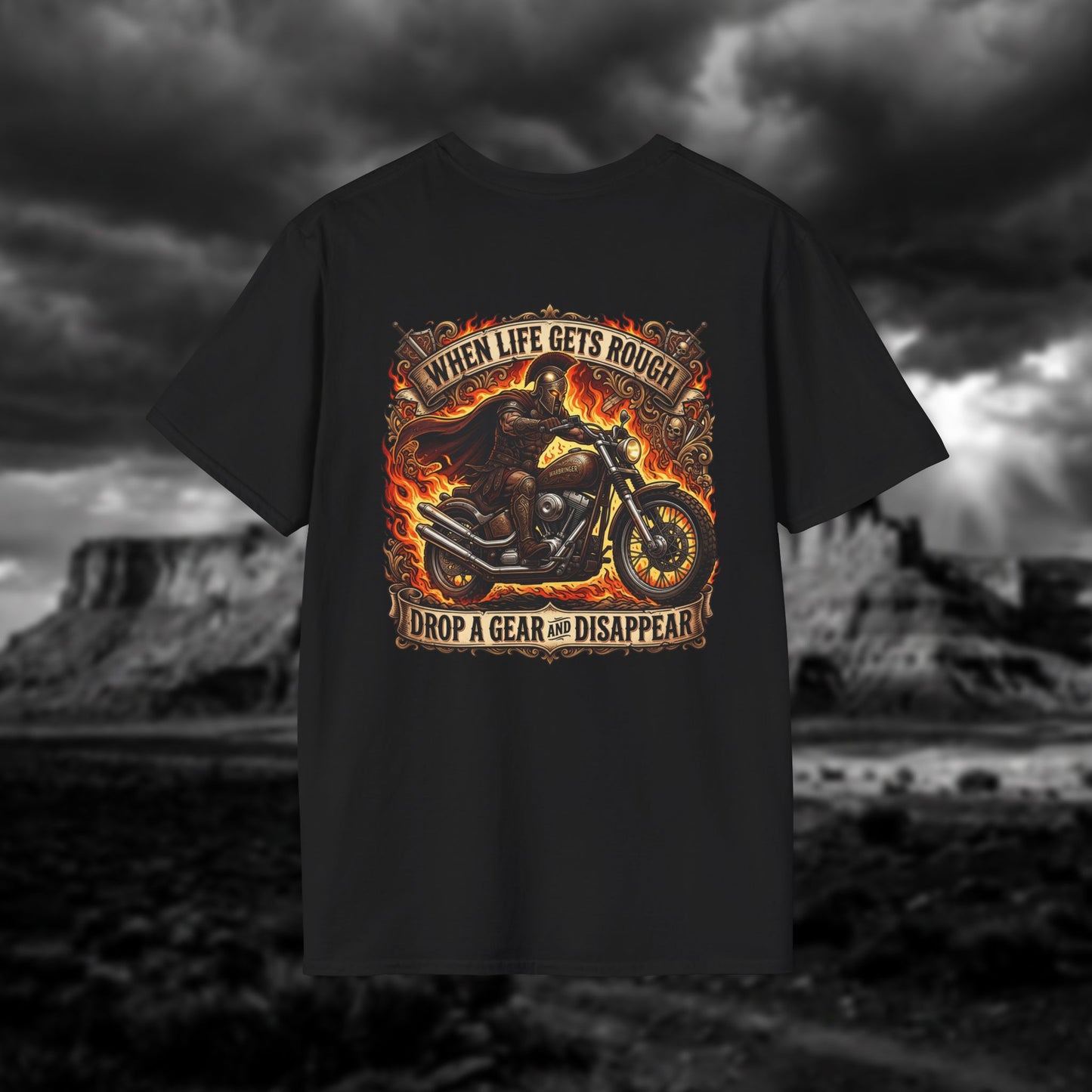 Ares: The God of War – Rule the Asphalt - "When Life Gets Rough Drop a Gear & Disappear" Biker Tee