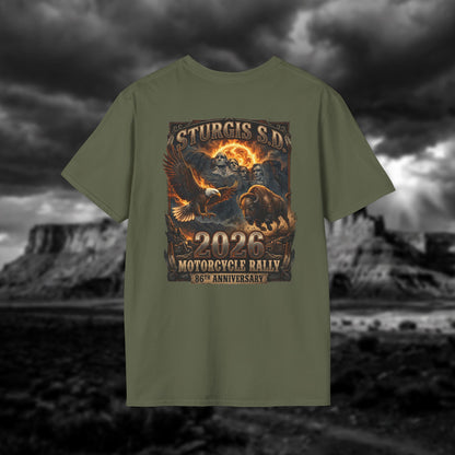 86th Anniversary Sturgis S.D. 2026 Motorcycle Rally T-Shirt - Mount Rushmore Heritage Edition