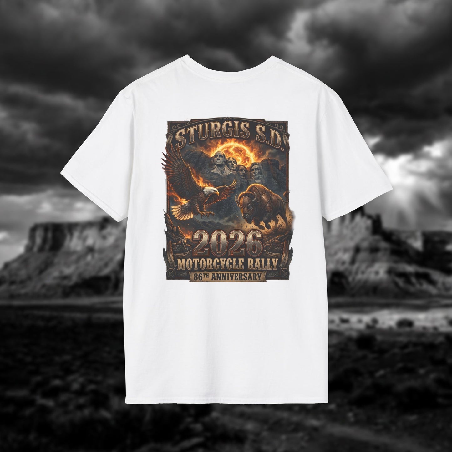 86th Anniversary Sturgis S.D. 2026 Motorcycle Rally T-Shirt - Mount Rushmore Heritage Edition