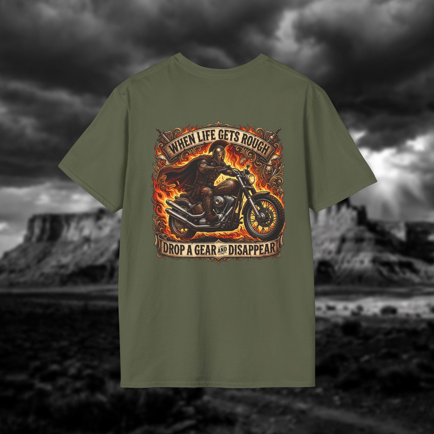 Ares: The God of War – Rule the Asphalt - "When Life Gets Rough Drop a Gear & Disappear" Biker Tee