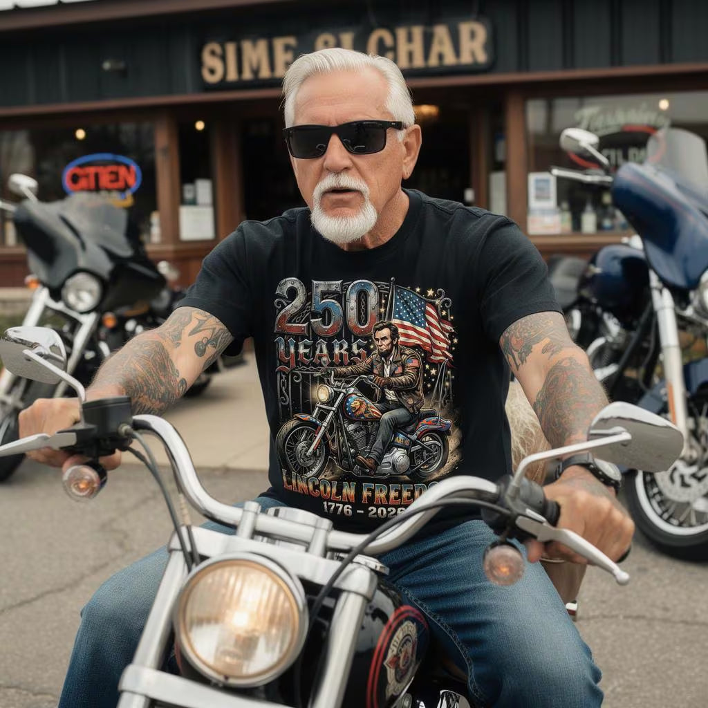 Lincoln Freedom 250 Years T-Shirt – Patriotic Motorcycle Graphic (1776–2026)