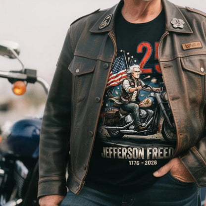 250 Years Jefferson Freedom Motorcycle T-Shirt – Patriotic American Flag Biker Tee (1776–2026)