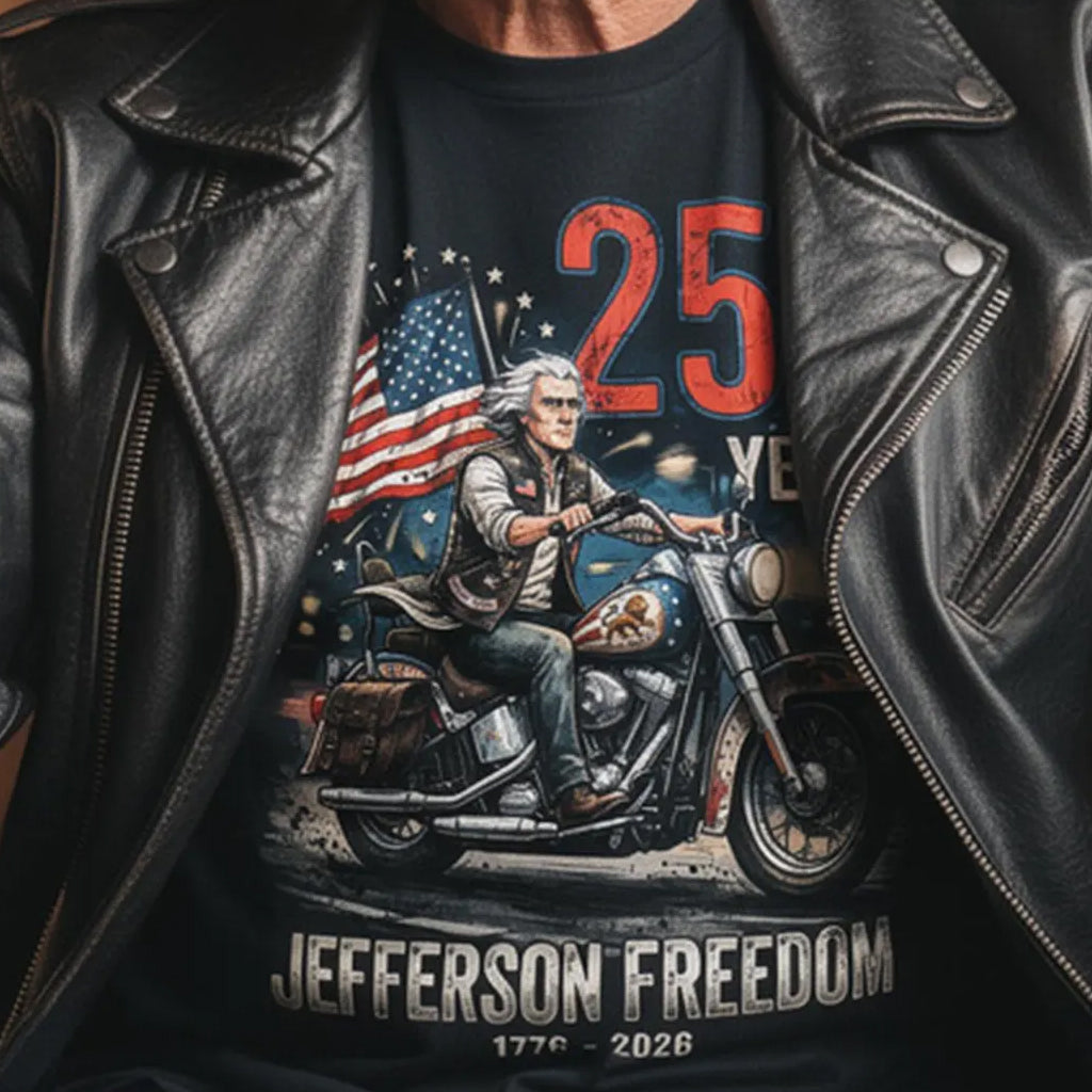 250 Years Jefferson Freedom Motorcycle T-Shirt – Patriotic American Flag Biker Tee (1776–2026)