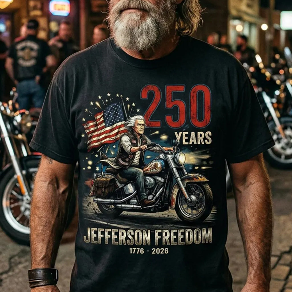 250 Years Jefferson Freedom Motorcycle T-Shirt – Patriotic American Flag Biker Tee (1776–2026)