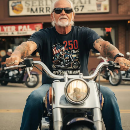 250 Years Jefferson Freedom Motorcycle T-Shirt – Patriotic American Flag Biker Tee (1776–2026)