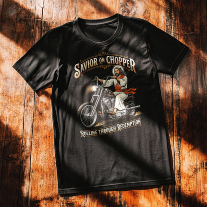 Savior on Chopper T-Shirt — 'Rolling Through Redemption' Motorcycle Jesus Tee