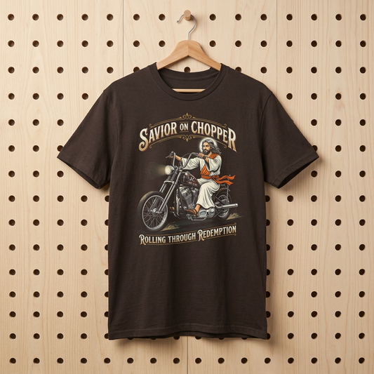 Savior on Chopper T-Shirt — 'Rolling Through Redemption' Motorcycle Jesus Tee