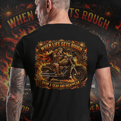 Apollo’s Chariot — "When Life Gets Rough, Drop a Gear and Disappear" Vintage Motorcycle Tee
