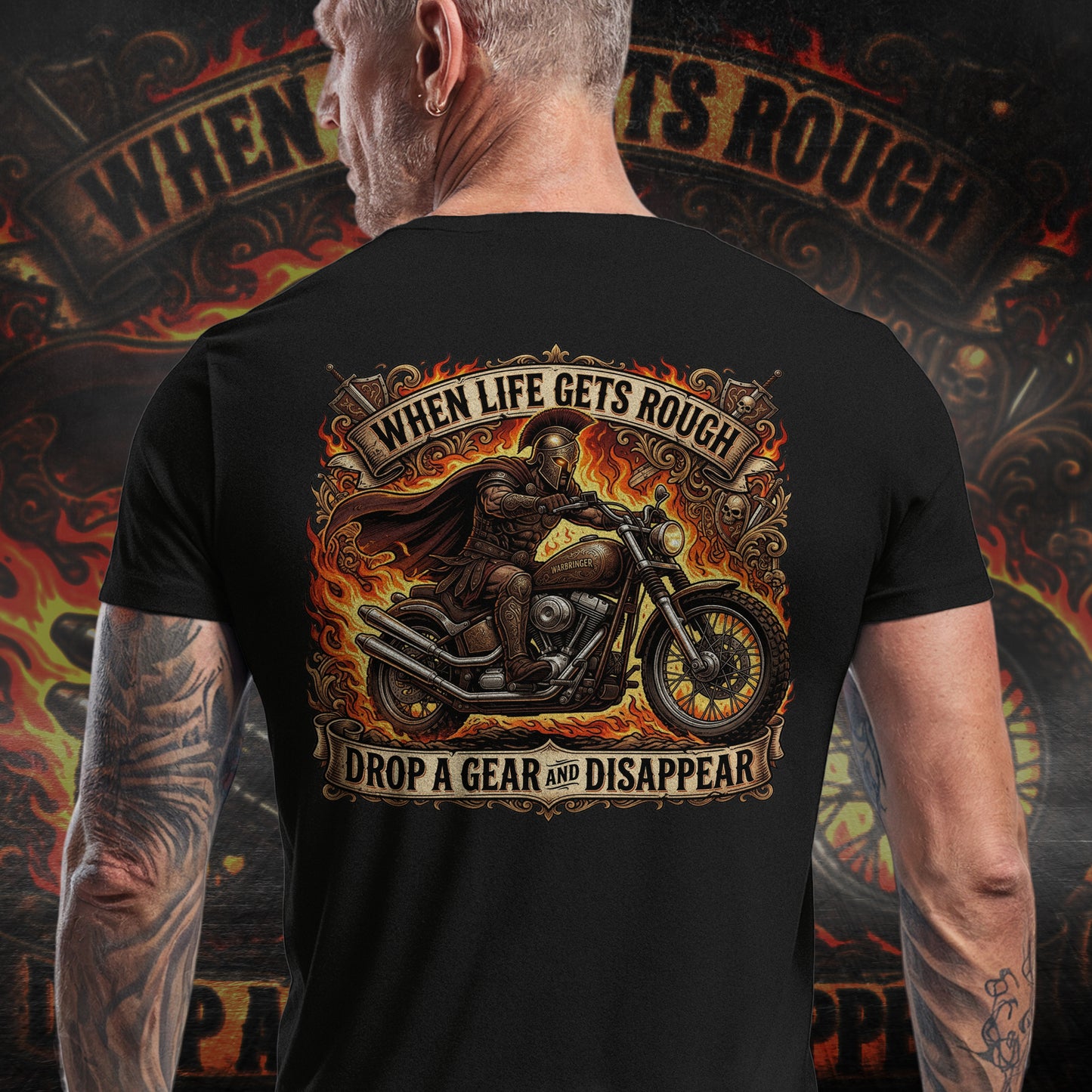 Ares: The God of War – Rule the Asphalt - "When Life Gets Rough Drop a Gear & Disappear" Biker Tee