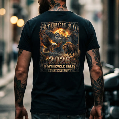 86th Anniversary Sturgis S.D. 2026 Motorcycle Rally T-Shirt - Mount Rushmore Heritage Edition