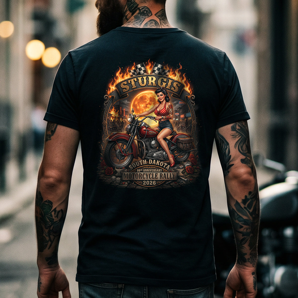 86th Anniversary Sturgis 2026 T-Shirt - Pin-up Biker & Moonshine Edition
