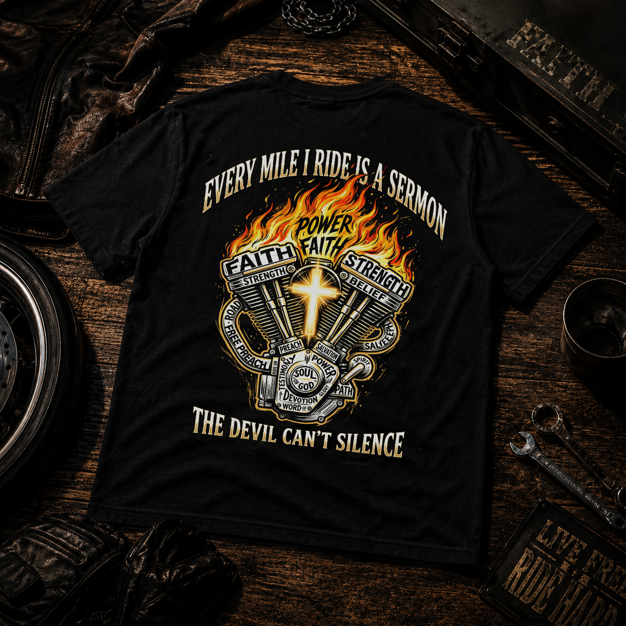 Motorcycle T-Shirt — "Every Mile I Ride Is a Sermon" Faith & Fire Biker Tee