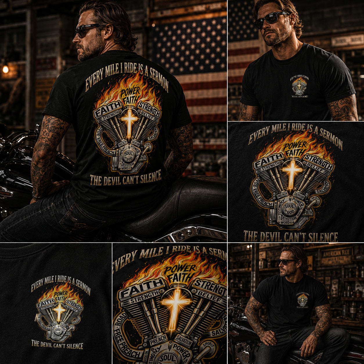 Motorcycle T-Shirt — "Every Mile I Ride Is a Sermon" Faith & Fire Biker Tee