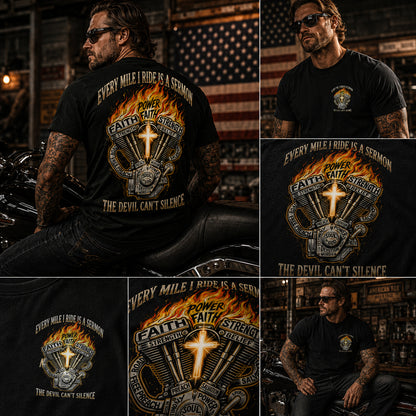 Motorcycle T-Shirt — "Every Mile I Ride Is a Sermon" Faith & Fire Biker Tee