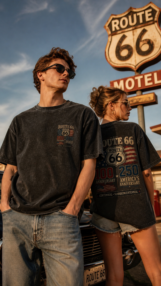 Route 66 Acid Wash Tee — Retro Americana 100th Anniversary Graphic T-Shirt