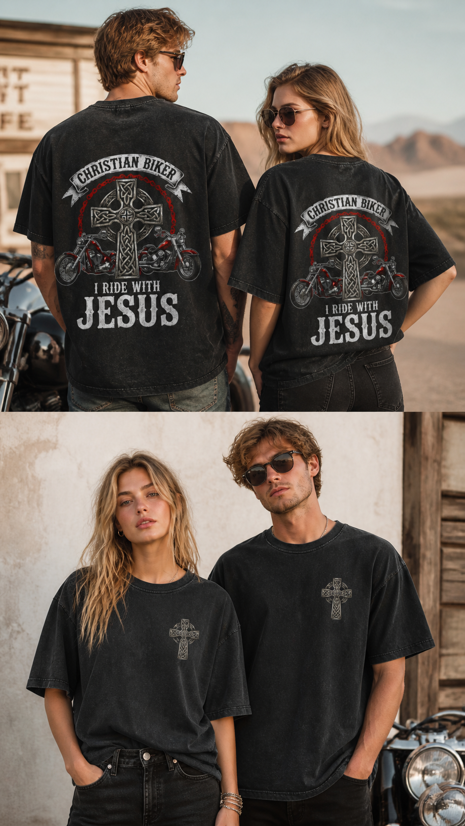Christian Biker Acid Wash Tee — "I Ride With Jesus" Cross Motorcycle T-Shirt