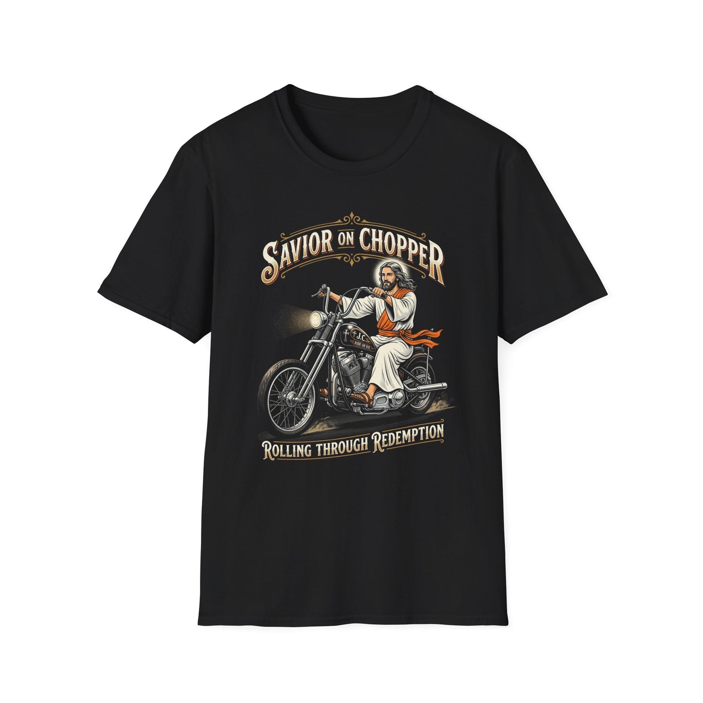 Savior on Chopper T-Shirt — 'Rolling Through Redemption' Motorcycle Jesus Tee