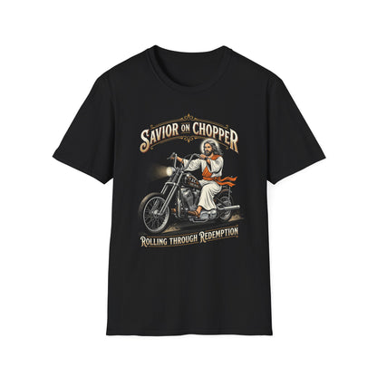Savior on Chopper T-Shirt — 'Rolling Through Redemption' Motorcycle Jesus Tee