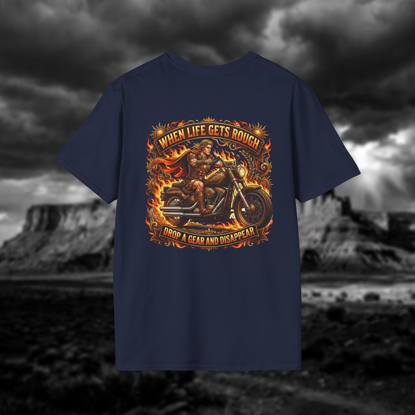 Apollo’s Chariot — "When Life Gets Rough, Drop a Gear and Disappear" Vintage Motorcycle Tee