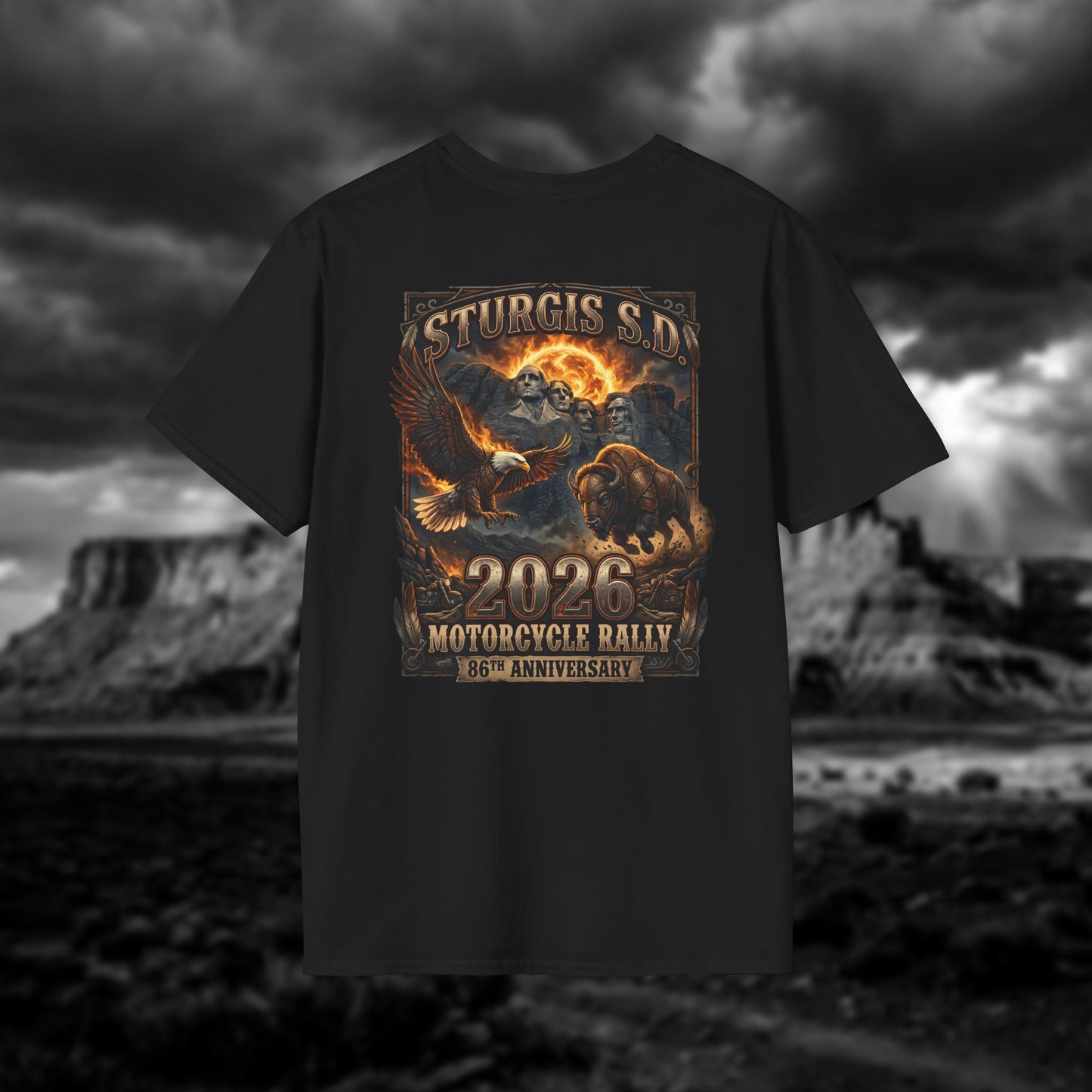 86th Anniversary Sturgis S.D. 2026 Motorcycle Rally T-Shirt - Mount Rushmore Heritage Edition