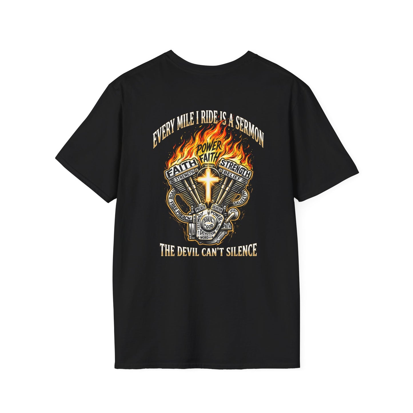 Motorcycle T-Shirt — "Every Mile I Ride Is a Sermon" Faith & Fire Biker Tee