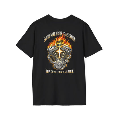 Motorcycle T-Shirt — "Every Mile I Ride Is a Sermon" Faith & Fire Biker Tee
